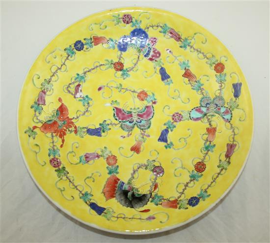A Chinese yellow ground butterfly dish, 20th century, 33.5cm